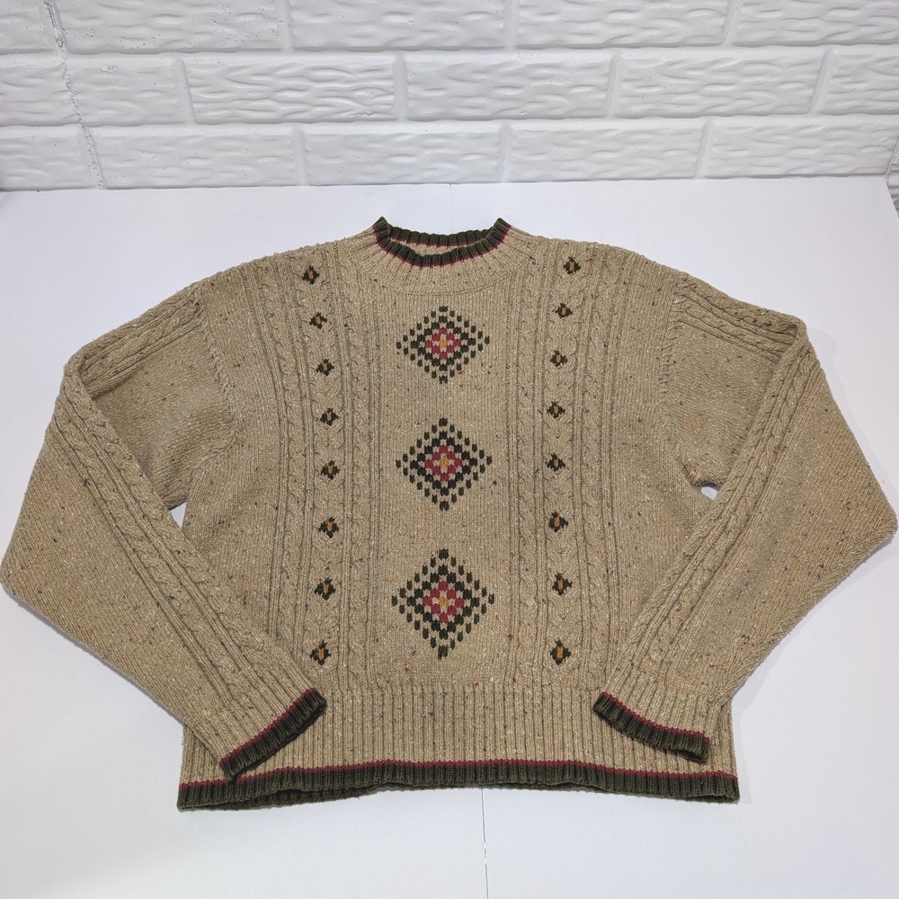 Liz Claiborne Vintage Tan Cable Knit Diamond Sweater Cabincore Fall Women Medium
